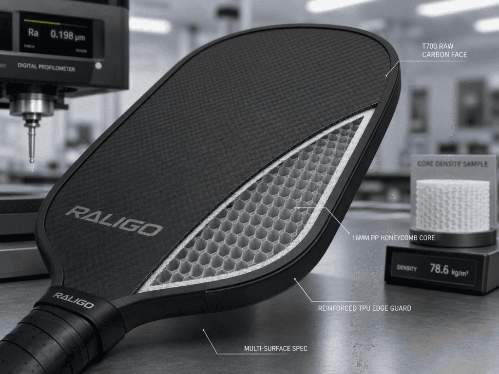 16mm Multi-Surface Pickleball Paddle Core and Edge Construction Cutaway of a 16mm T700 carbon fiber multi-surface pickleball paddle with polypropylene honeycomb core and reinforced TPU edge guard