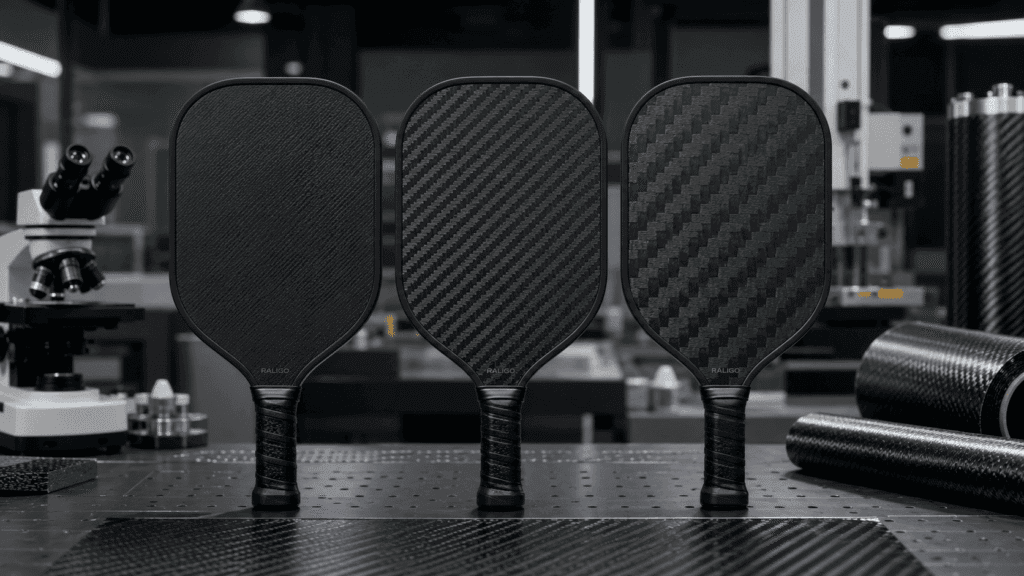 Three carbon fiber pickleball paddles showing fine 3K, medium 12K, and coarse 18K weave textures