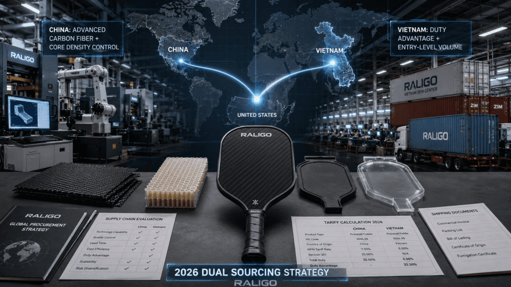 China vs Vietnam pickleball paddle OEM sourcing strategy with carbon fiber manufacturing and tariff comparison
