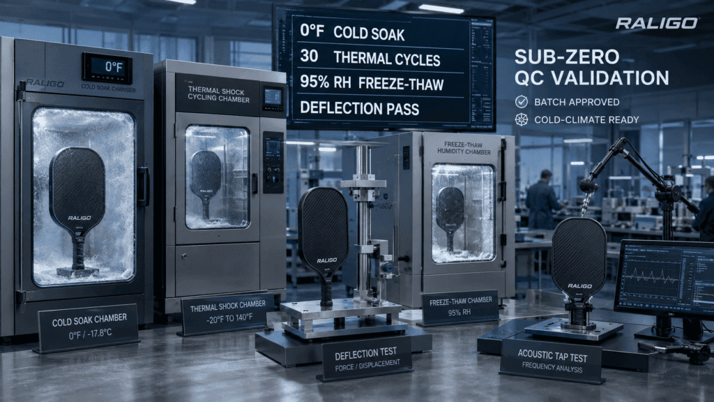 Cold climate quality control testing for pickleball paddles including cold soak, thermal shock, and freeze-thaw validation