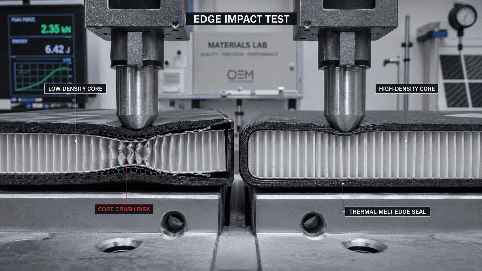 Core crush resistance comparison between low density cold press and high density thermoformed pickleball paddle cores