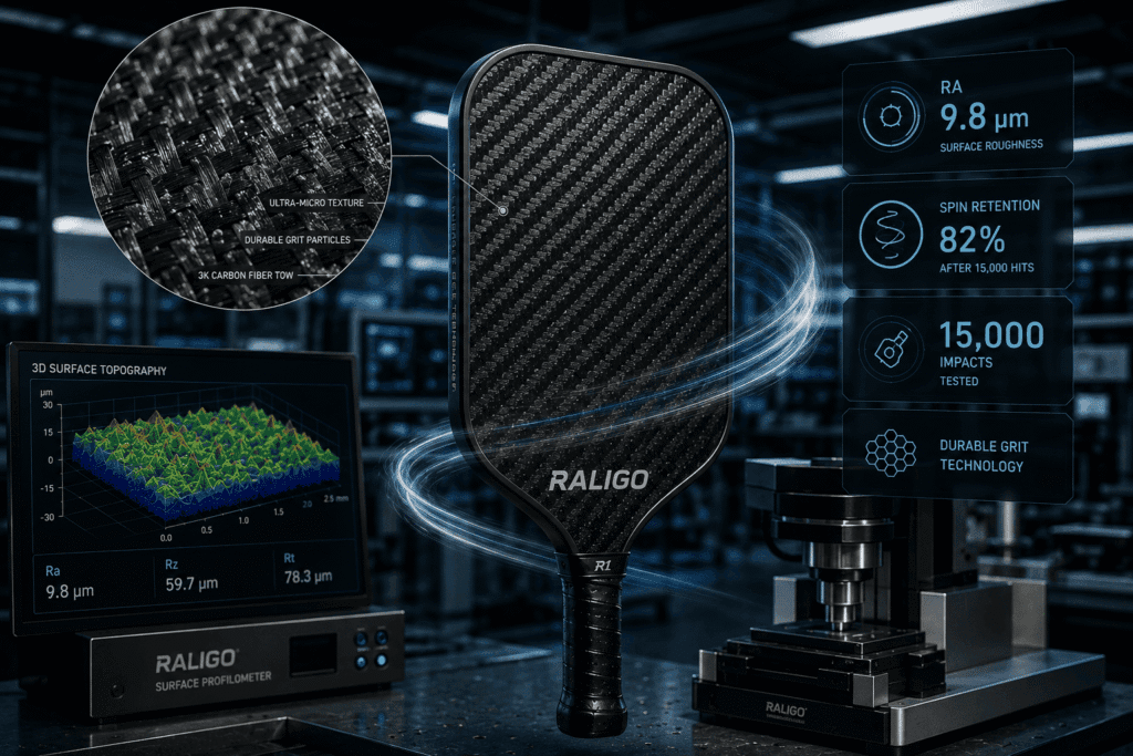 Durable grit carbon fiber pickleball paddle surface engineered for long-lasting spin performance