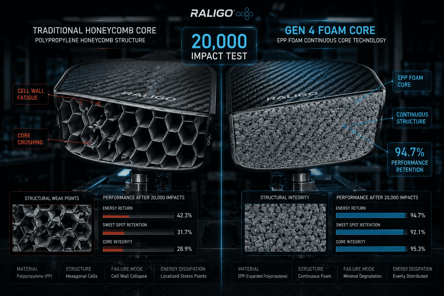 Gen 4 foam core compared with traditional honeycomb core in a pickleball paddle durability test