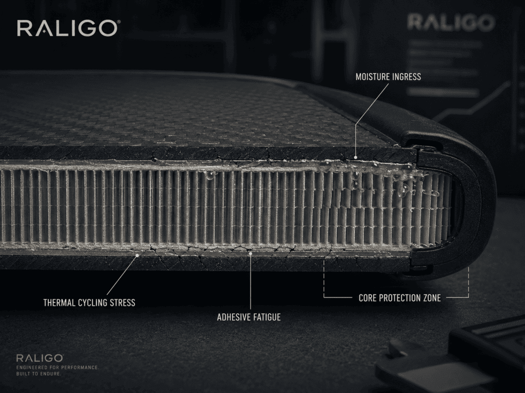 Cross-section showing humidity ingress, adhesive fatigue, and core stress in a carbon fiber pickleball paddle