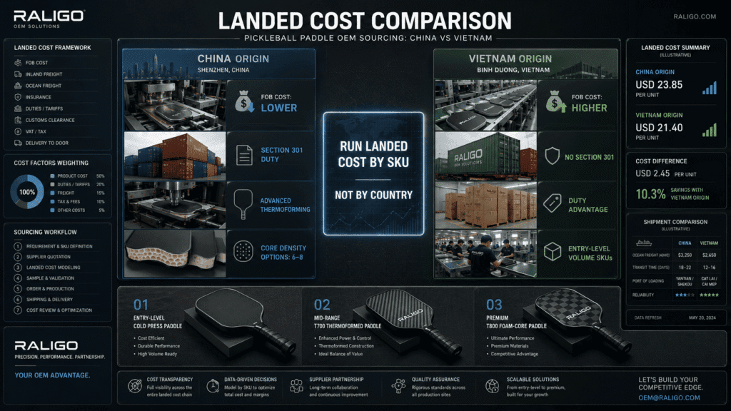 Landed cost comparison for China and Vietnam pickleball paddle OEM sourcing in 2026