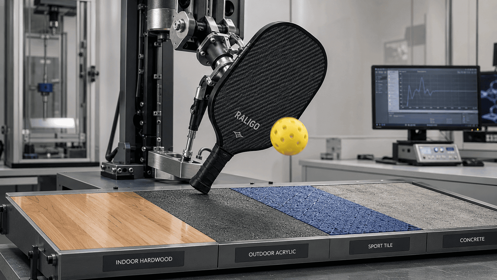 Multi-surface pickleball paddle testing on indoor hardwood, outdoor acrylic, modular sport tile, and concrete court materials