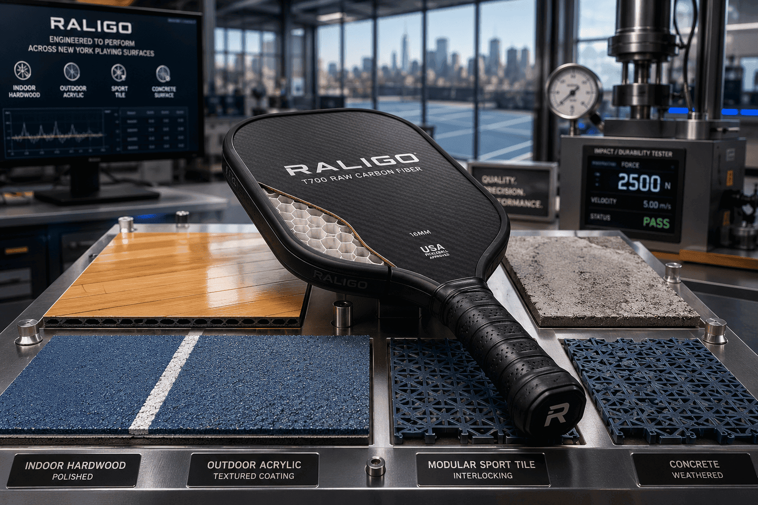 T700 carbon fiber pickleball paddle designed for indoor hardwood, outdoor acrylic, sport tile, and concrete courts in New York