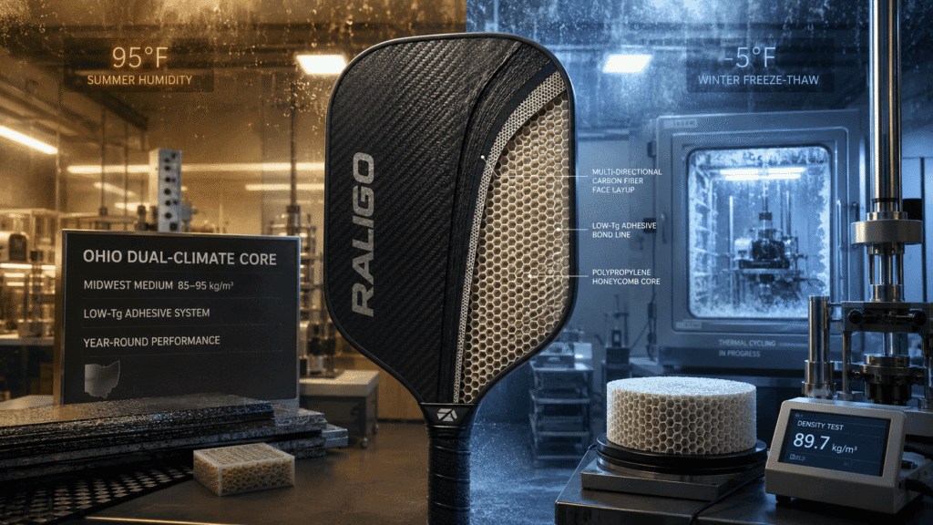 Ohio dual climate pickleball paddle core engineering for hot humid summers and freezing winters