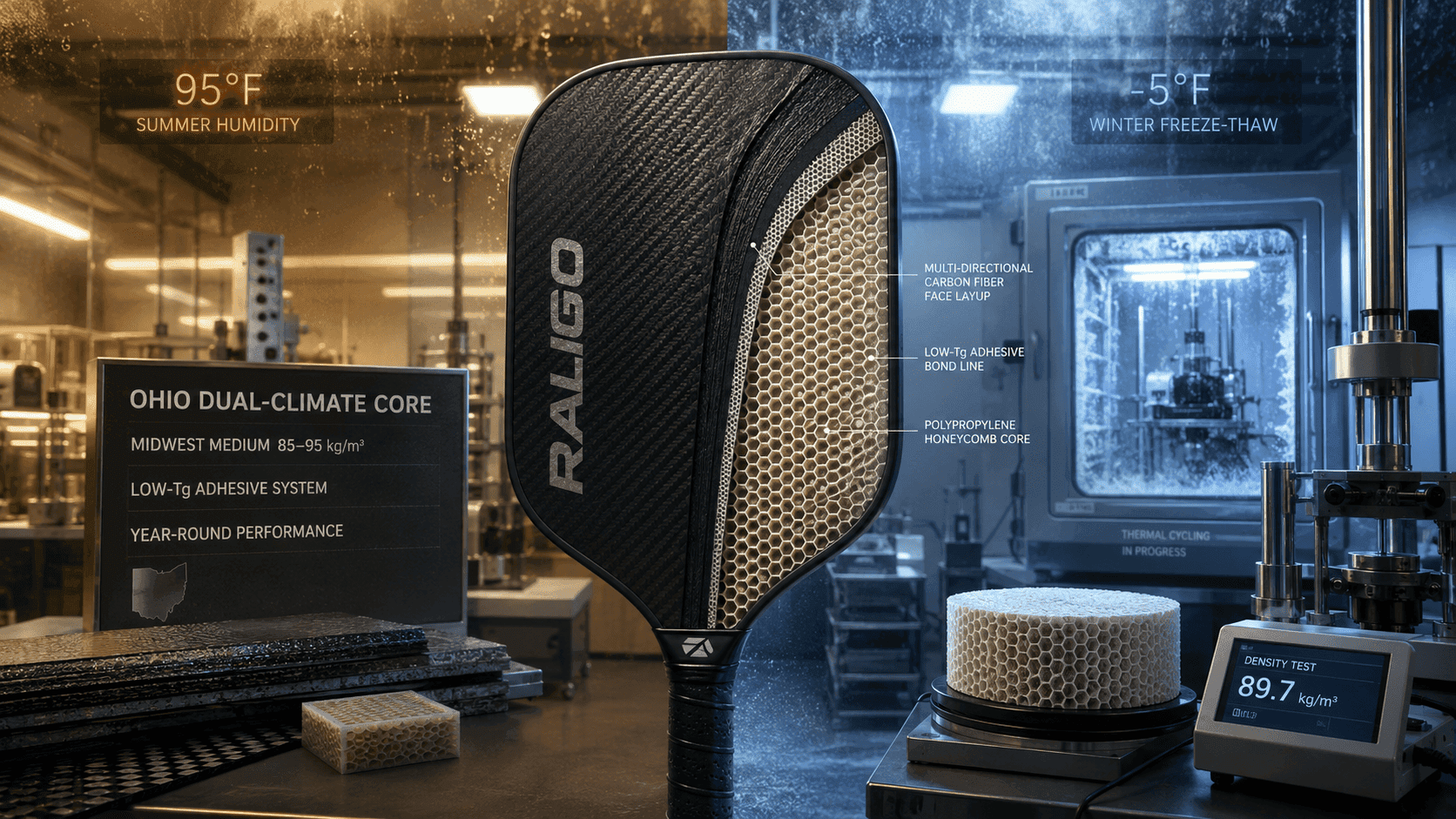 Ohio dual climate pickleball paddle core engineering for hot humid summers and freezing winters