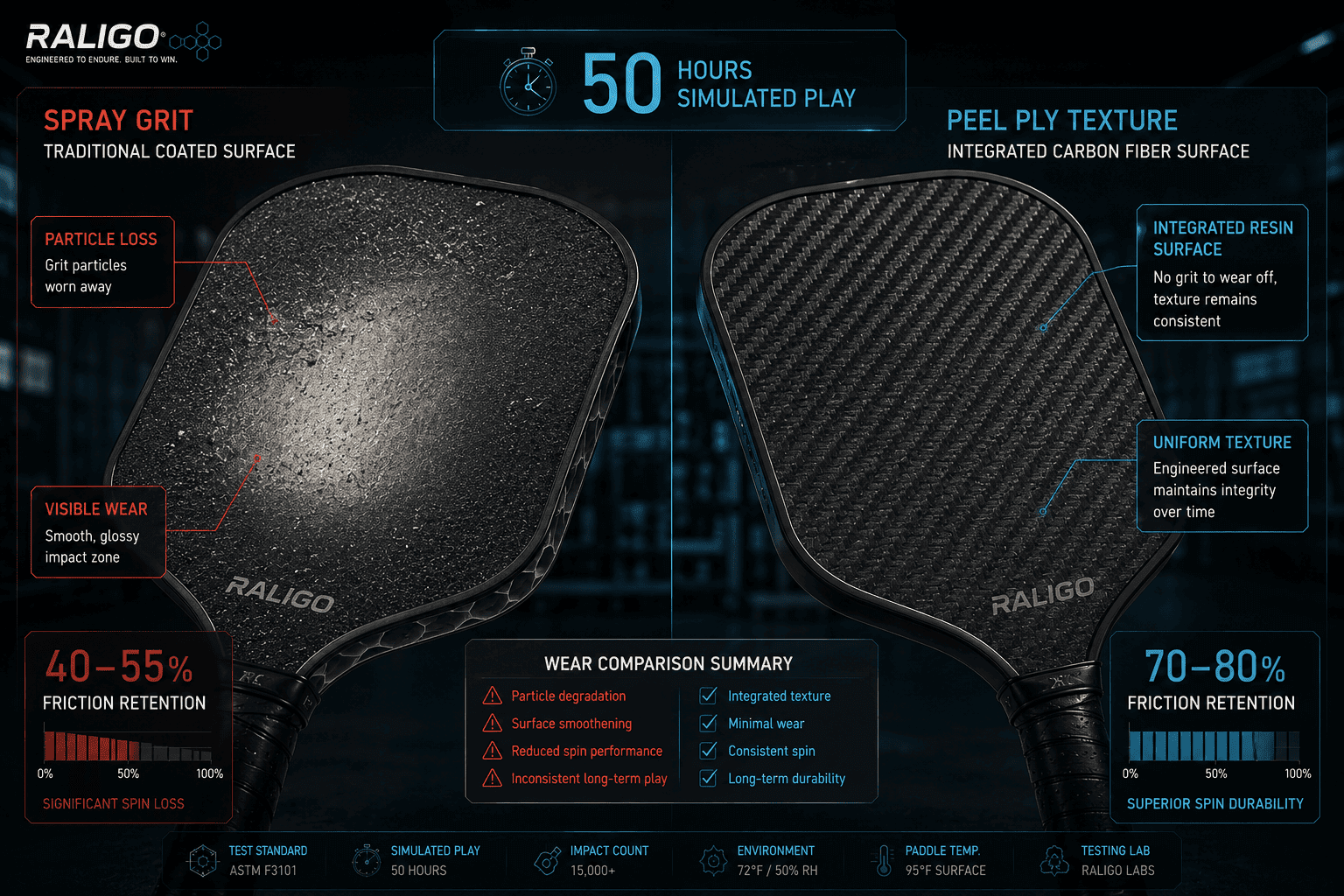 Peel ply carbon fiber texture compared with spray grit coating after 50 hours of simulated pickleball play