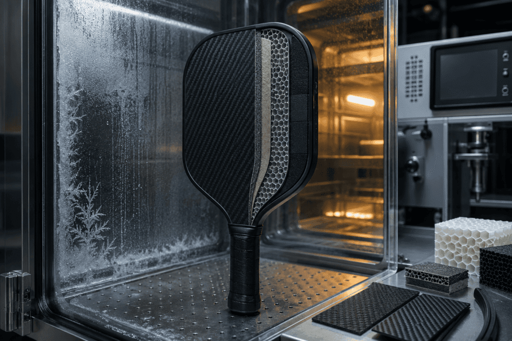 Pennsylvania-spec carbon fiber pickleball paddle with gradient polypropylene core and cold-resistant edge protection