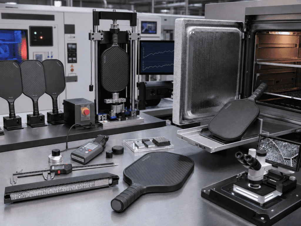 Thermal cycling and cold edge-impact testing for Pennsylvania-spec carbon fiber pickleball paddles