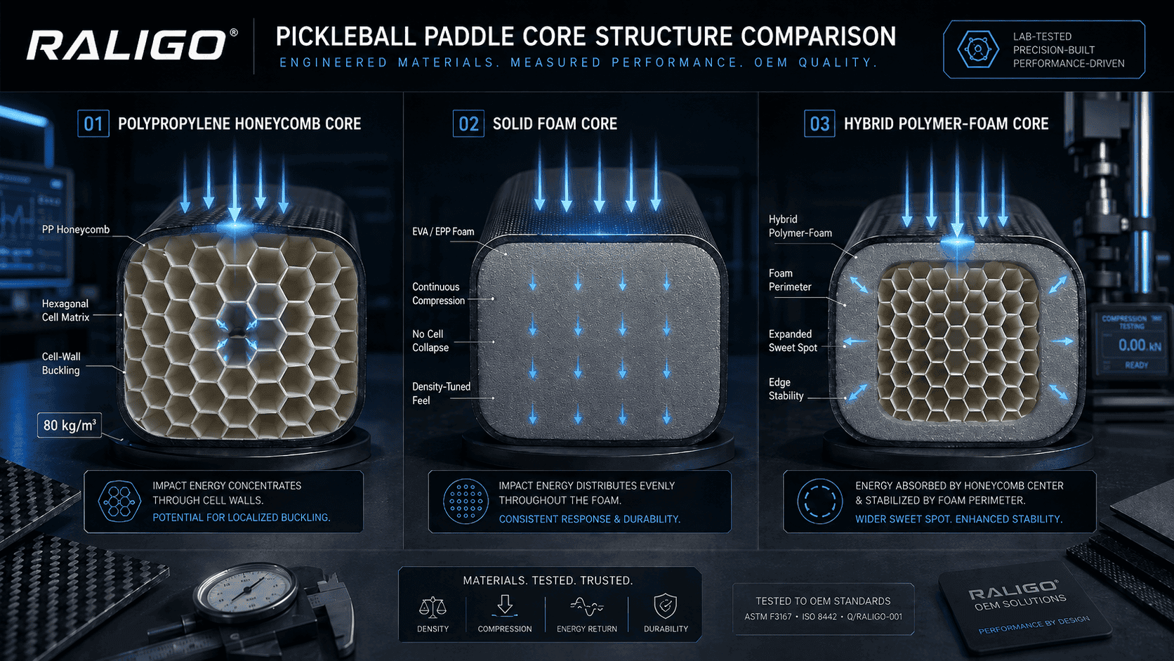 Pickleball paddle core architecture comparison showing PP honeycomb solid foam and hybrid polymer foam structures