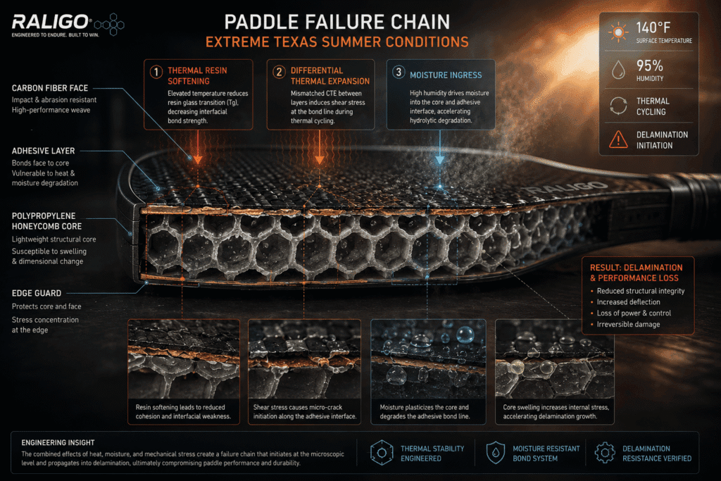 Texas heat induced pickleball paddle delamination failure chain Texas heat induced pickleball paddle delamination failure chain