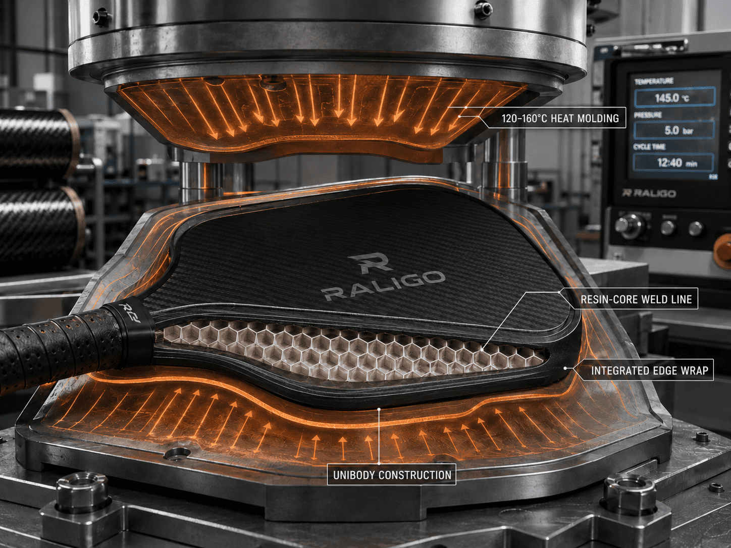 Thermoformed unibody pickleball paddle construction with carbon fiber edge wrap and resin fused honeycomb core