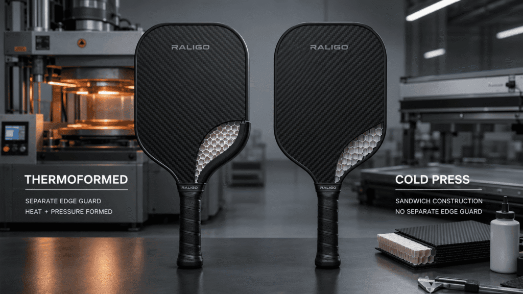 Thermoforming and cold press pickleball paddle manufacturing comparison with carbon fiber faces and polypropylene honeycomb cores