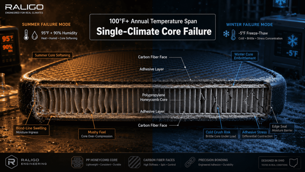 Single climate pickleball paddle core failure in Ohio showing summer softening and winter embrittlement