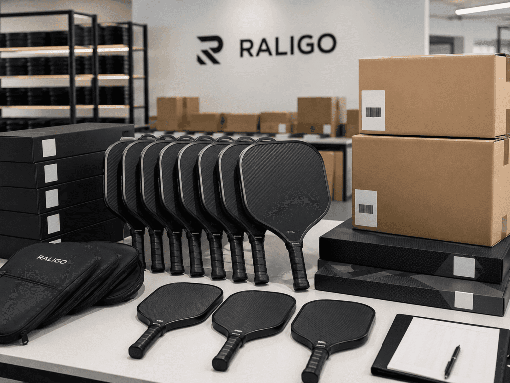 Finished custom carbon fiber pickleball paddles packed for bulk OEM production shipment and export delivery