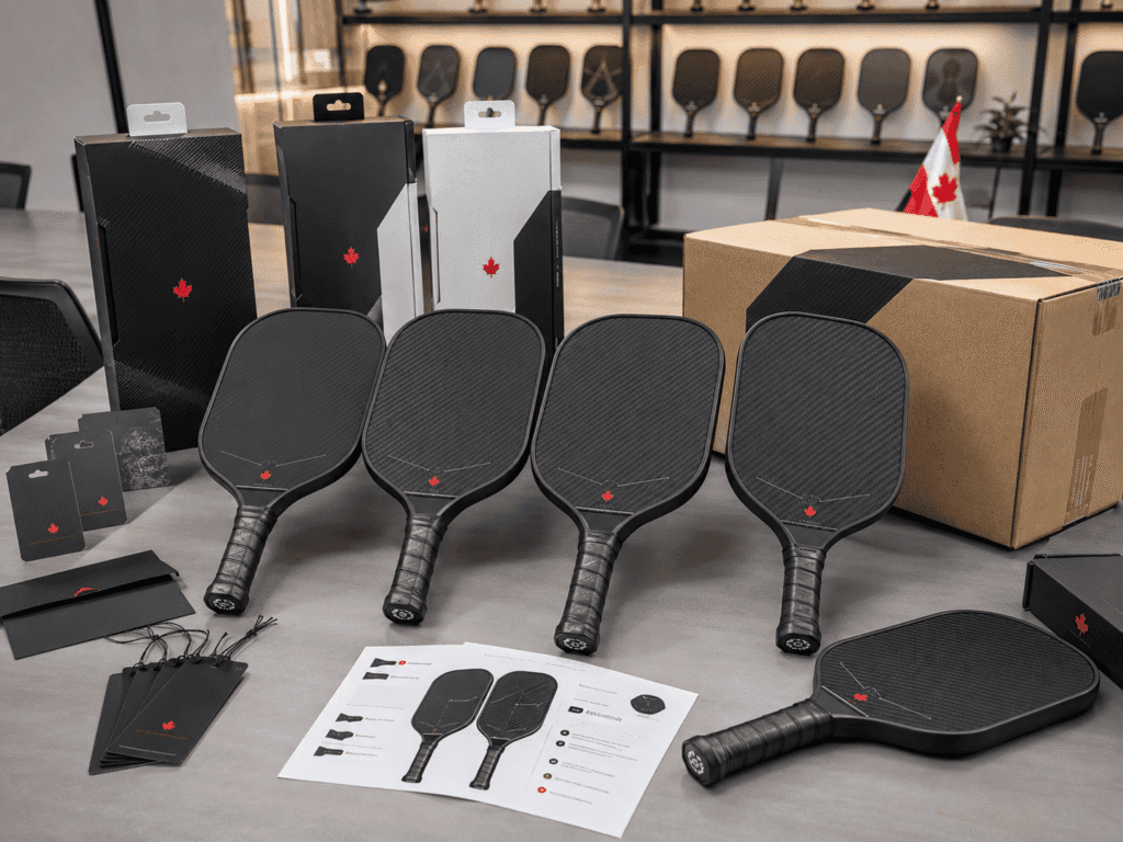 Canadian pickleball brand sourcing carbon fiber paddles from a Chinese OEM manufacturer with bilingual packaging