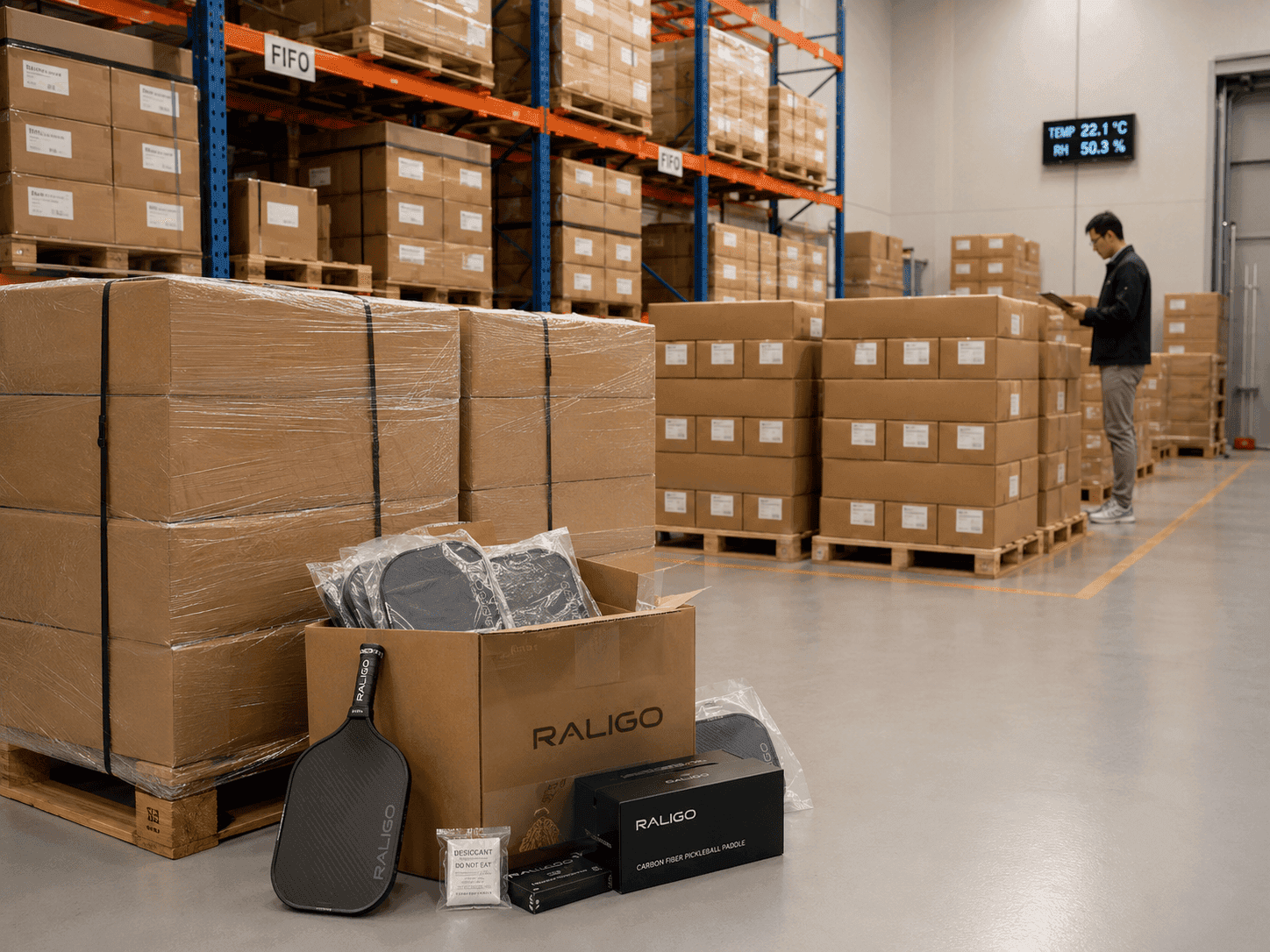 Climate-controlled warehouse storage for bulk carbon fiber pickleball paddle inventory with organized cartons and palletized stock