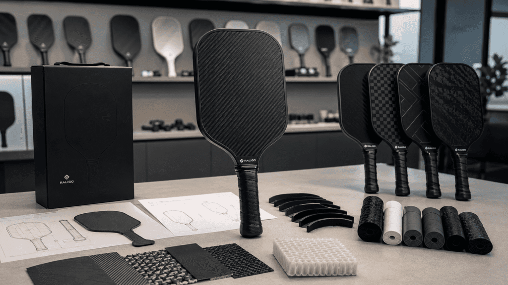 Custom pickleball paddle design-to-production workflow with CAD concept, carbon fiber samples, and finished OEM paddles