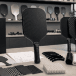 Custom pickleball paddle design-to-production workflow with CAD concept, carbon fiber samples, and finished OEM paddles