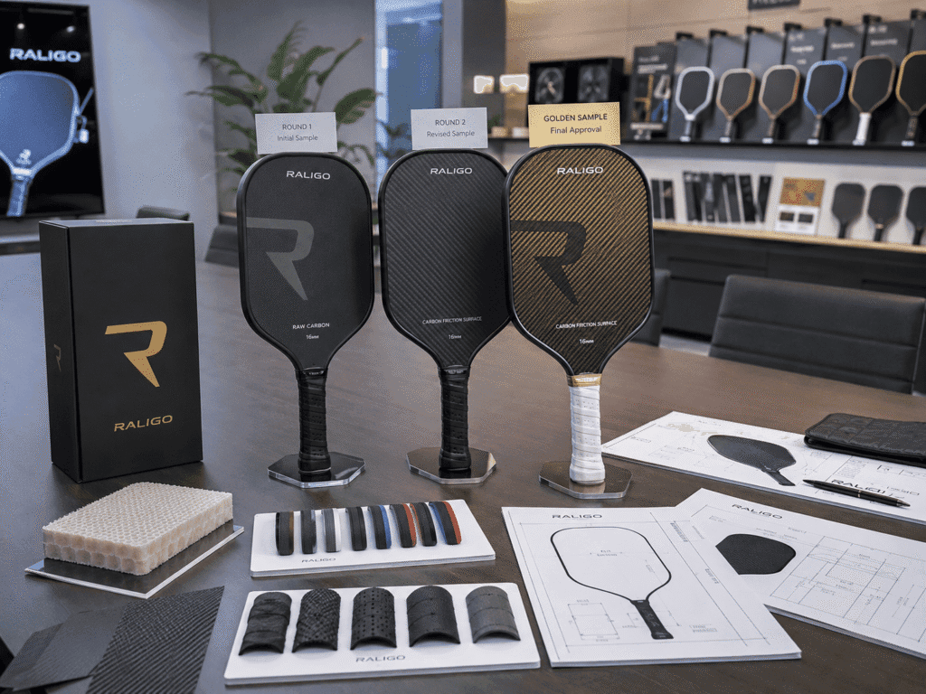 Custom pickleball paddle sampling review with carbon fiber materials, core samples, grip options, and golden sample approval