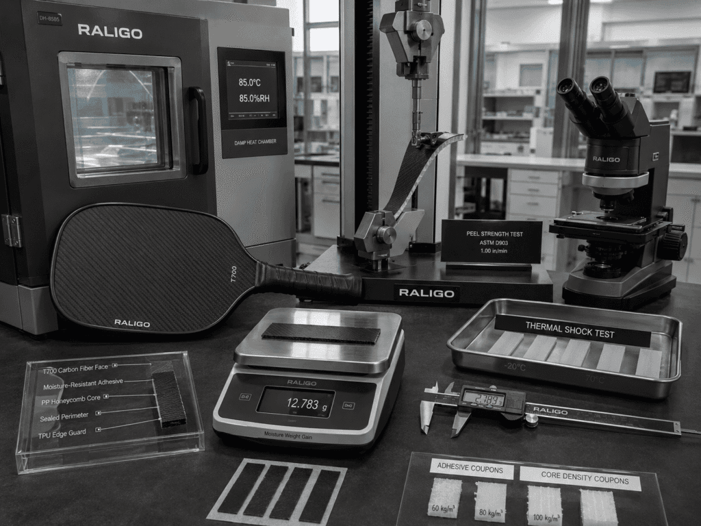 Damp-heat and peel strength testing for carbon fiber pickleball paddles designed to resist Florida humidity delamination