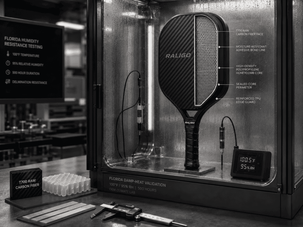 Florida humidity-resistant carbon fiber pickleball paddle tested for heat, moisture, and delamination resistance