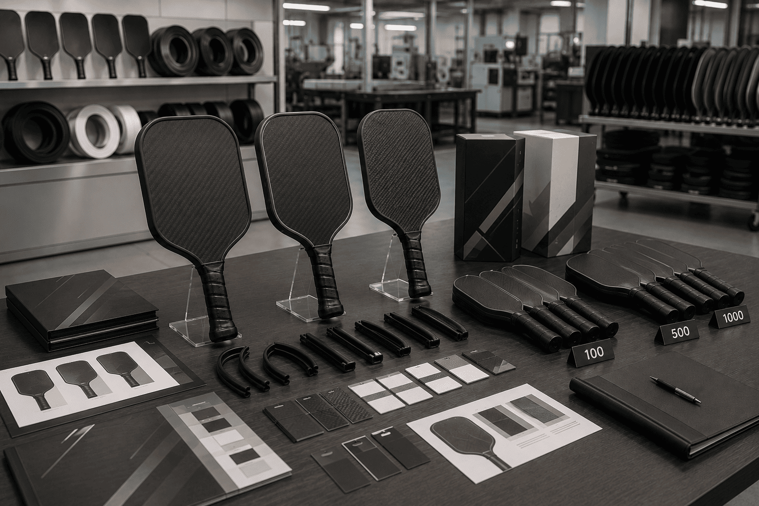 B2B OEM sourcing scene showing pickleball paddle edge guard process selection for different production volumes