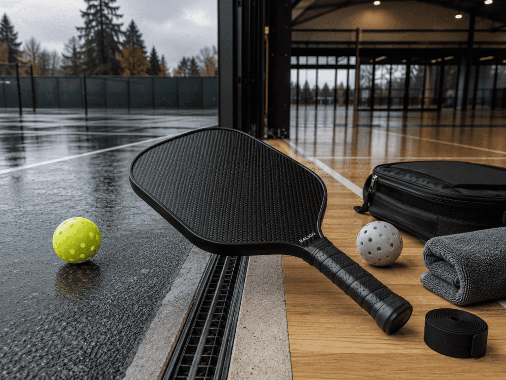 Carbon fiber pickleball paddle built for Seattle indoor and outdoor court rotation throughout the rainy season