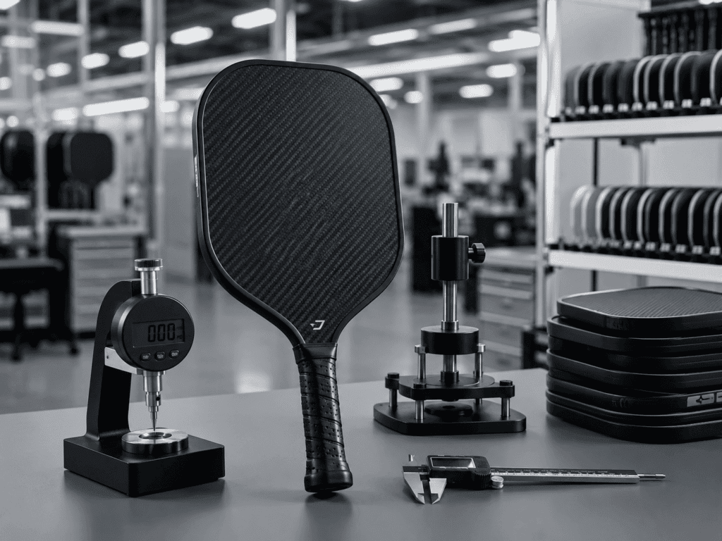 Carbon fiber pickleball paddle hardness testing with Shore D durometer and factory quality control tools