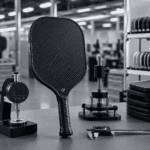 Carbon fiber pickleball paddle hardness testing with Shore D durometer and factory quality control tools