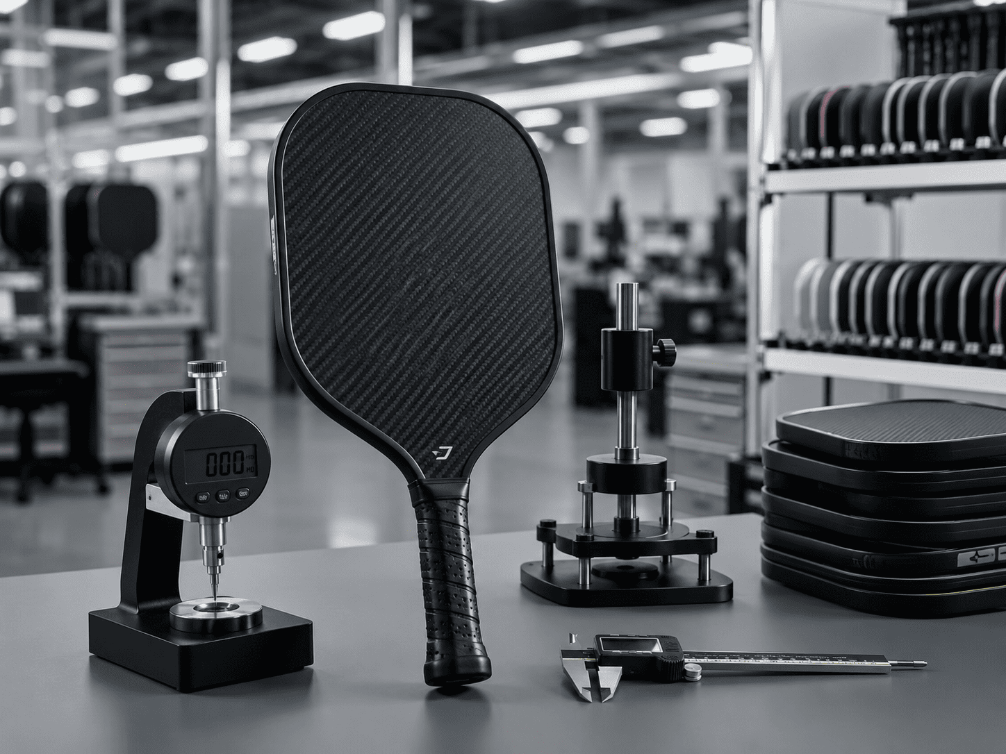 Carbon fiber pickleball paddle hardness testing with Shore D durometer and factory quality control tools