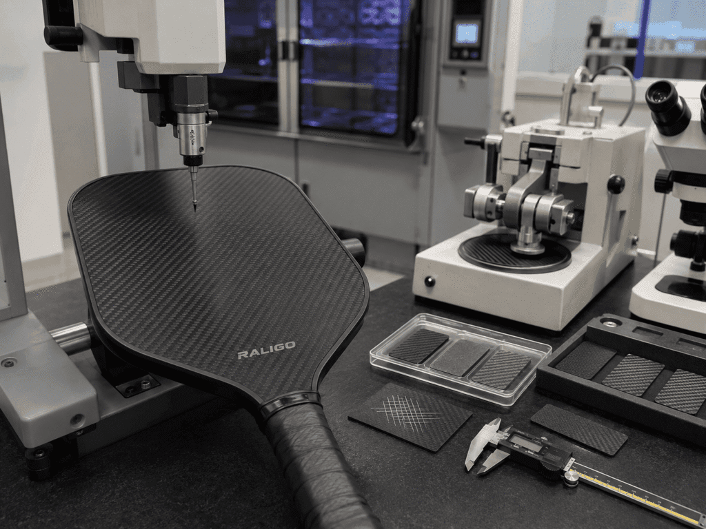 Profilometer and abrasion testing for carbon fiber pickleball paddle surface coating durability