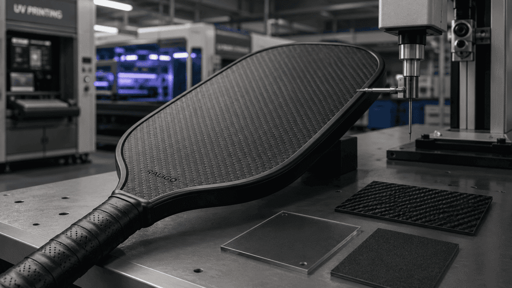 Carbon fiber pickleball paddle with engineered surface coating inspected for spin texture and durability