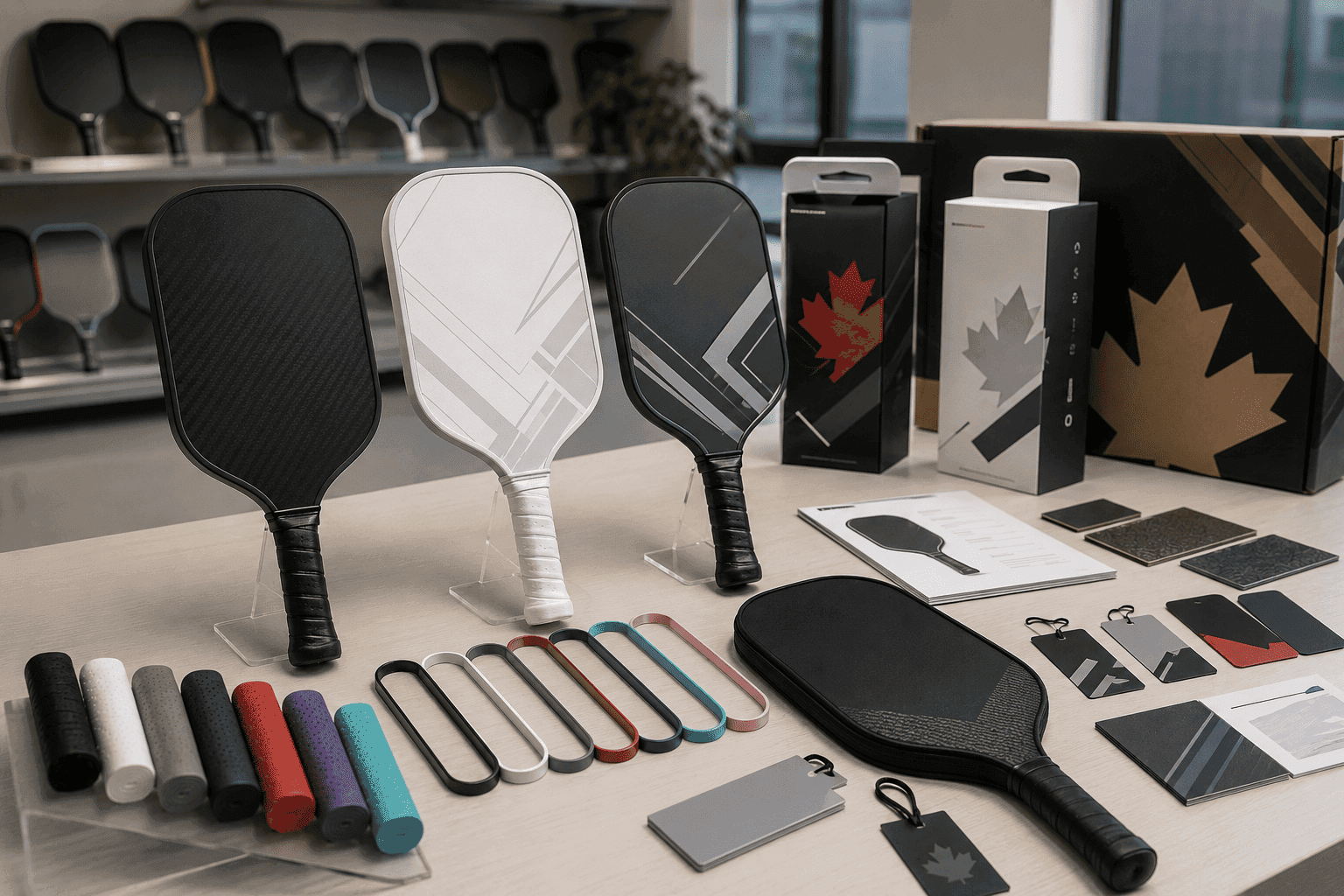 Private label pickleball paddle customization with carbon fiber samples, grip options, edge guards, and bilingual Canadian packaging