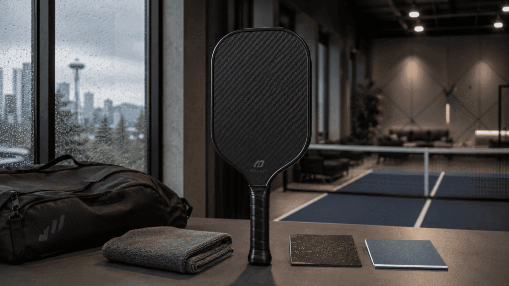 Carbon fiber pickleball paddle designed for Seattle indoor outdoor play and PNW humidity conditions