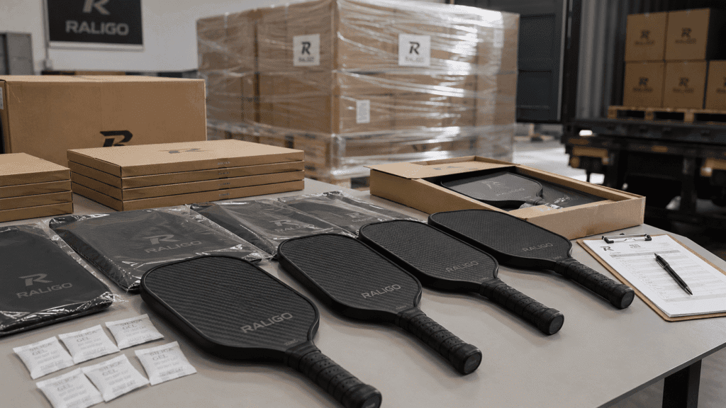 Carbon fiber pickleball paddles prepared for shipping and storage quality control with protective packaging and export cartons