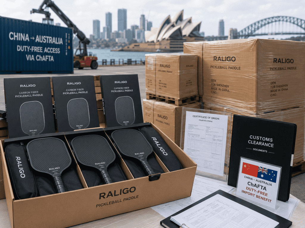 Carbon fiber pickleball paddles packed for ChAFTA duty-free import from China to Australia with export cartons and customs documents