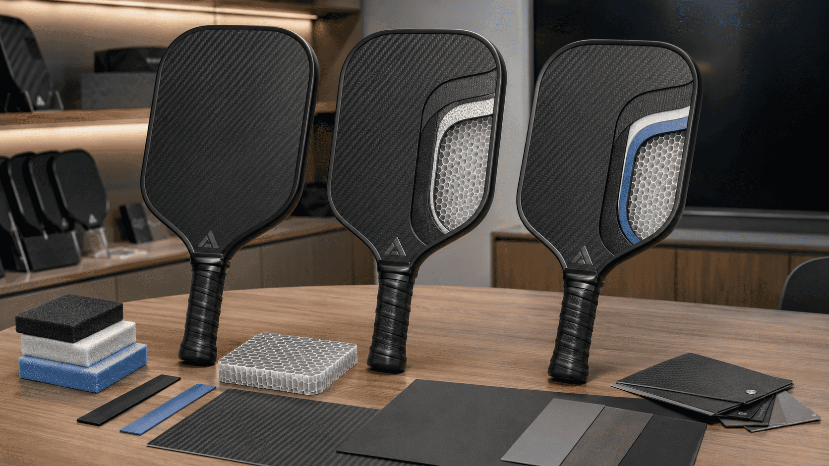 Comparison of pickleball paddle core density and damping layer options including EVA foam and polymer film for shock absorption