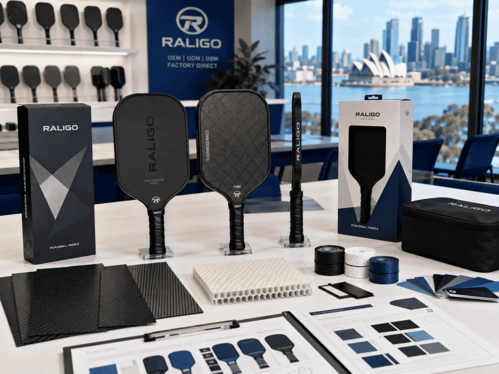 Australian buyers reviewing custom carbon fiber pickleball paddle OEM samples, materials, and packaging options