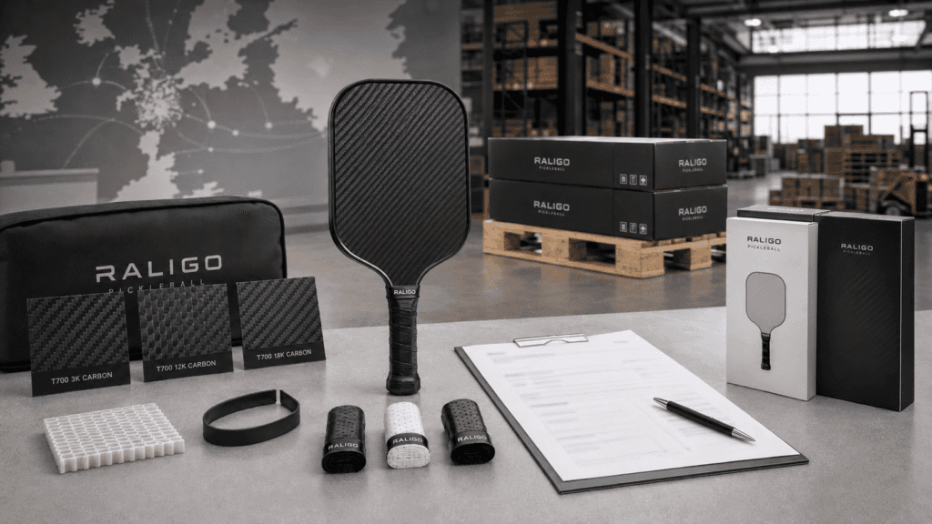 DACH-spec carbon fiber pickleball paddle sourcing with core, face, edge guard, grip, and European distribution packaging