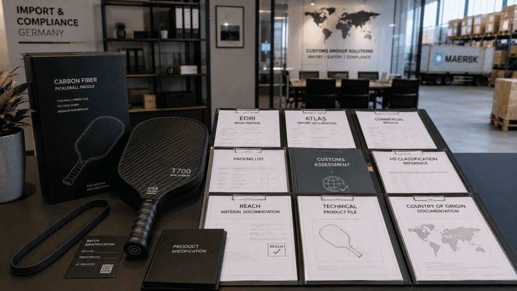 German customs documentation for carbon fiber pickleball paddle imports including EORI, ATLAS, REACH, and shipping paperwork