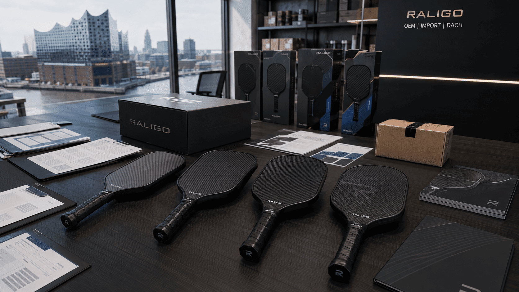 Carbon fiber pickleball paddles prepared for German and DACH import with customs documents and OEM packaging