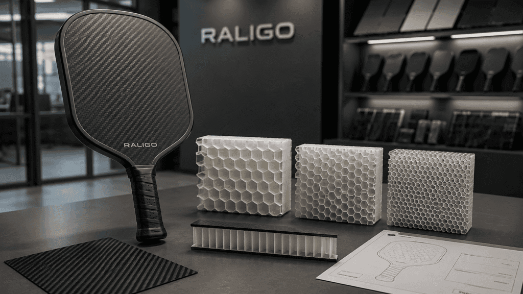 Carbon fiber pickleball paddle with polypropylene honeycomb core samples showing different cell sizes and core density options