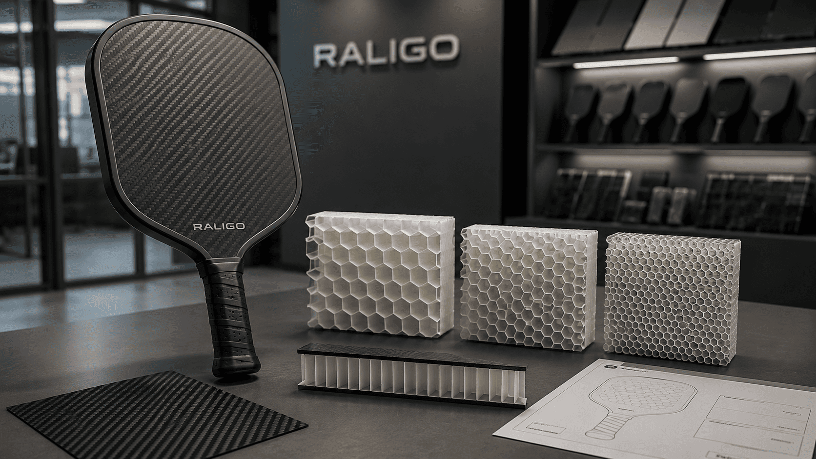 Carbon fiber pickleball paddle with polypropylene honeycomb core samples showing different cell sizes and core density options