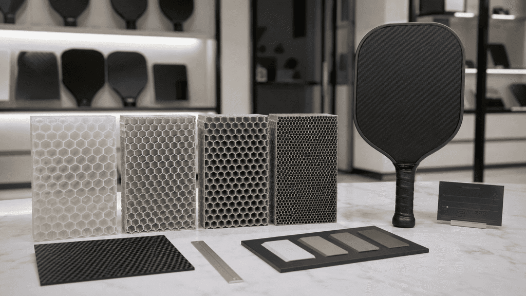 Polypropylene honeycomb core samples comparing different cell sizes and wall thicknesses for pickleball paddle performance