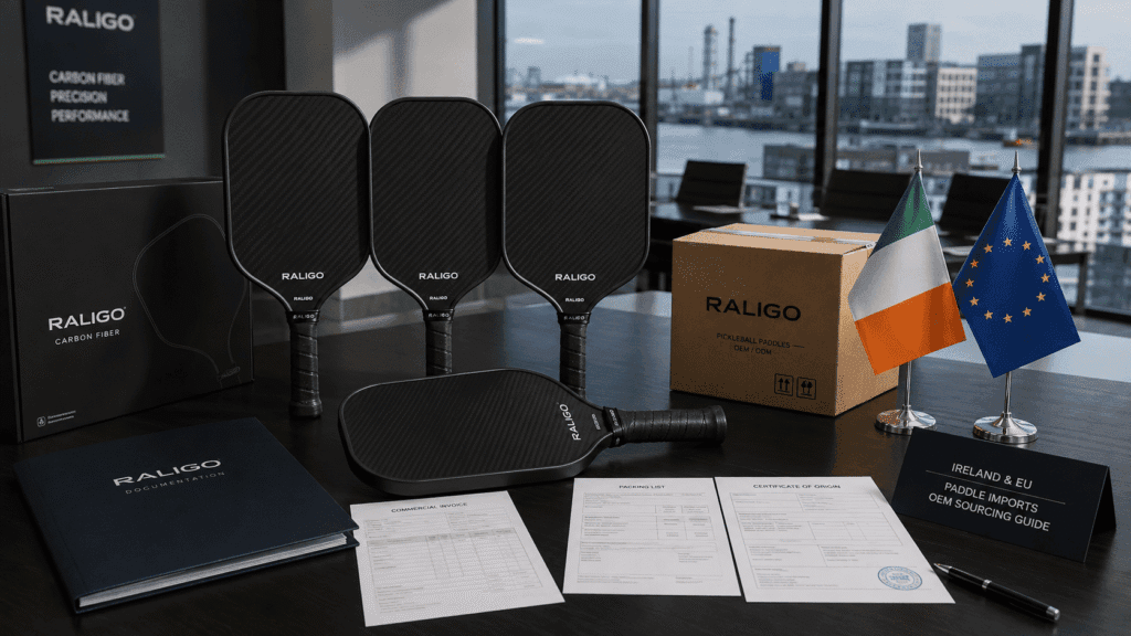 Carbon fiber pickleball paddles prepared for Ireland and EU import with customs documents and OEM packaging