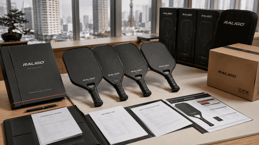 Carbon fiber pickleball paddles prepared for Japan import with customs documents, OEM specifications, and export packaging